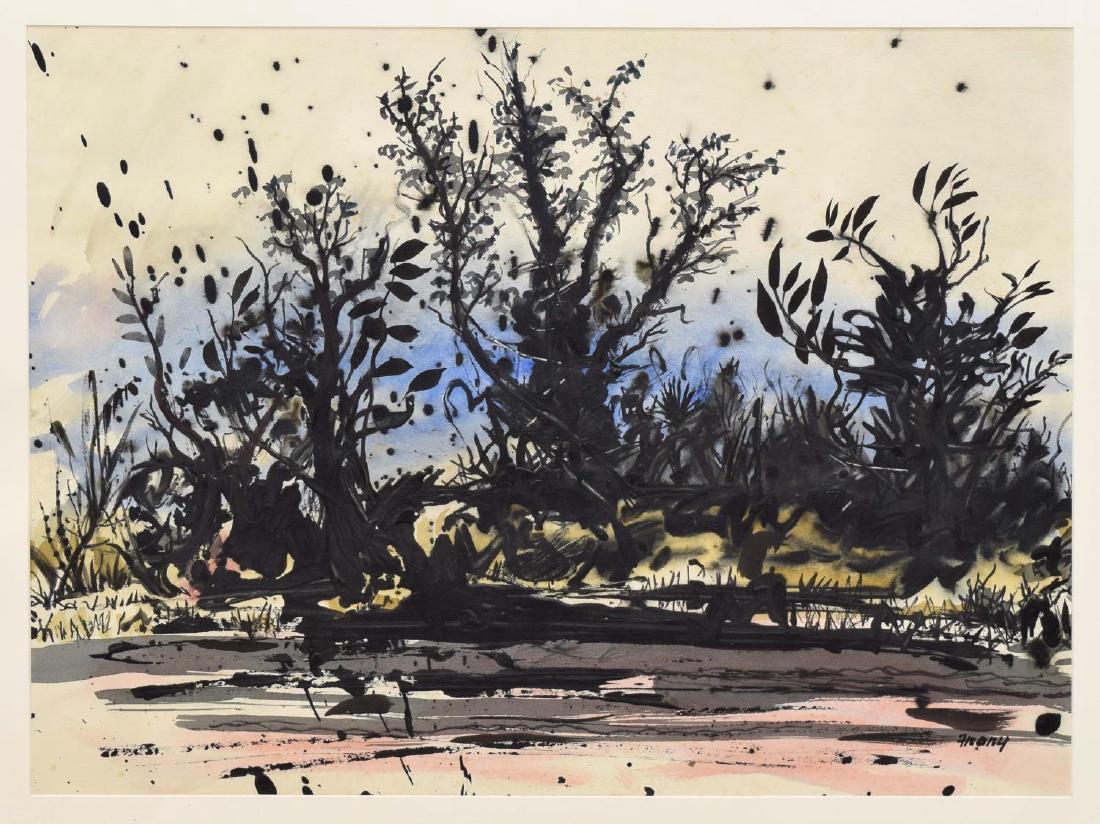 MICHAEL FRARY (1918-2005) WATERCOLOR, TREES: Framed watercolor on paper, Abstract Landscape, signed Frary (Michael Frary, California, Texas,1918-2005) lower right, sight: 21.25"h, 28.5"w, overall: 29.25"h, 37"w, 11.75lbs Start Price: $150.00