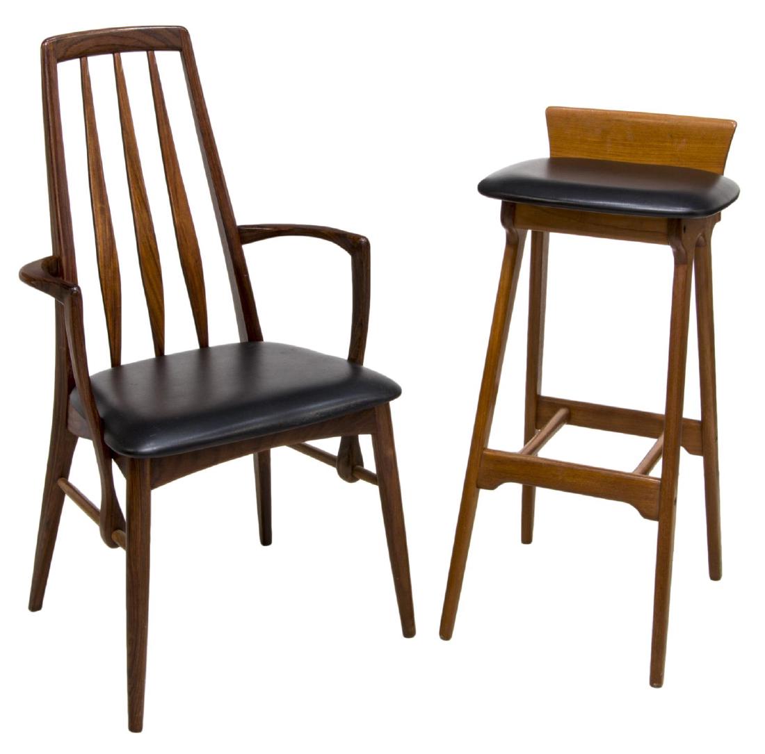 (2) DANISH KOEFOED EVA ARMCHAIR & ERIC BUCK STOOL: (lot of 2) Danish mid-century modern chairs, c. 1960, including: (1) rosewood "Eva" armchair, by Koefoeds Hornslet, having tall back, over seat upholstered with black vinyl, rising on tapered legs, st