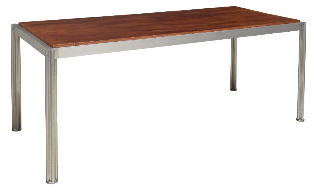 JENS RISOM DANISH MODERN ALUMINUM & TEAK TABLE: Danish mid-century modern table retaining the tag of Jens Risom Design, Inc., (Jens Risom, Denmark, U.S., 1916-2016), the aluminum framed rectangular teakwood top rising on ribbed aluminum legs with p