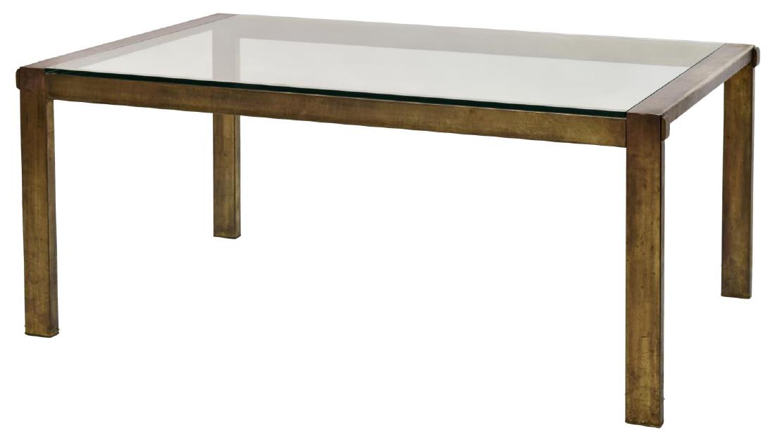 JOHN STUART PATINATED STEEL EXTENSION DINING TABLE: John Stuart patinated steel framed extension table having a smoked glass top, pull out leaf supports at each corner, rising on steel legs, 29"h, 66"w, 42"d Start Price: $300.00