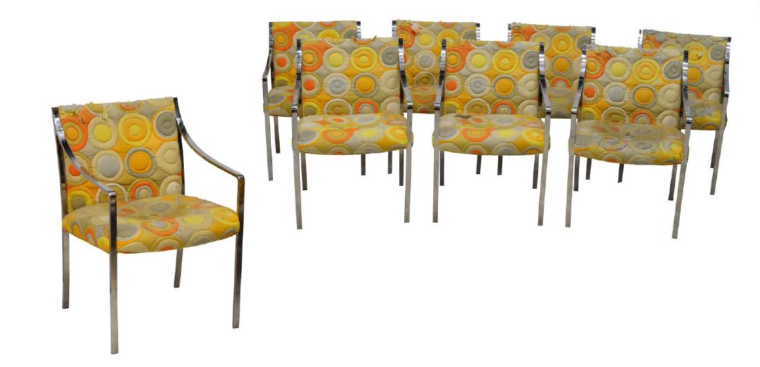 (8) STOW & DAVIS MODERN CHROME ARM CHAIRS: (lot of 8) Stow & Davis modern chrome open arm chairs, c. 1970, having a curved back, the seat flanked by chrome squared sloping arms descending to the squared legs, upholstery in poor condition, some