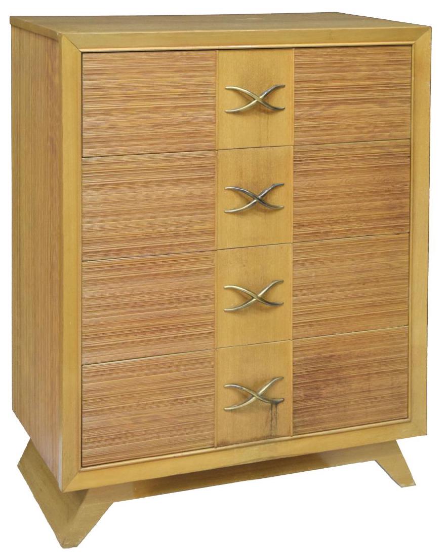 PAUL FRANKL (1886-1958) BROWN SALTMAN CHEST: Mid-century modern chest of drawers, c. 1944, design by Paul T. Frankl (Austria, 1886-1958), manufactured by Brown Saltman, in bleached mahogany, with signature X-form pull, some surface wear, approx