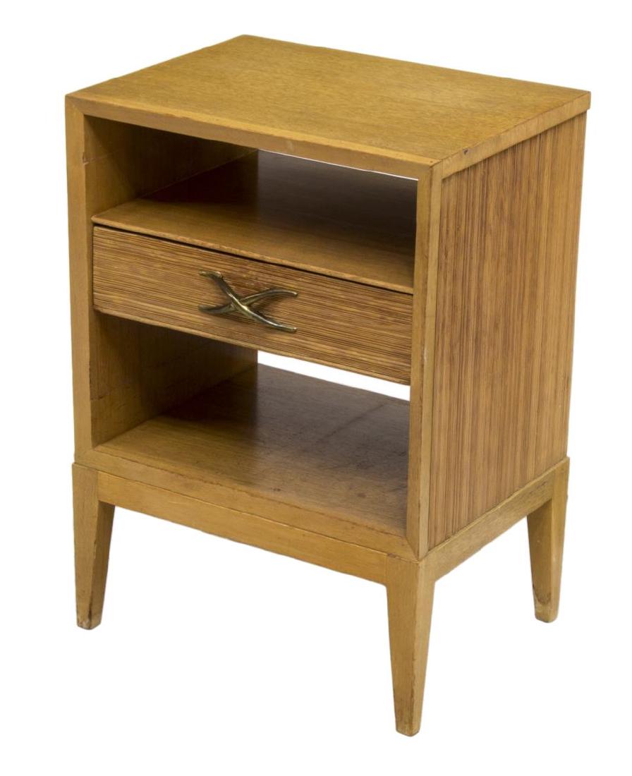 PAUL FRANKL (1886-1958) BROWN SALTMAN NIGHTSTAND: Mid-century modern nightstand, c. 1944, designed by Paul T. Frankl (Austria, 1886-1958), manufactured by Brown Saltman, in bleached mahogany, with signature X-form pull, 25.5"h, 18.25"w, 13.5"d