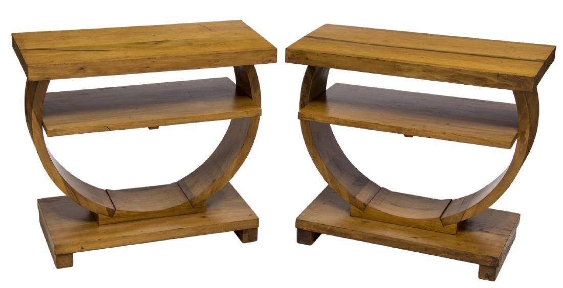 BROWN SALTMAN ART DECO STYLE END TABLES: (lot of 2) Art Deco style end tables by Brown Saltman, a rectangular top with lower shelf joined by curving supports, rising on a rectangular base with long block feet, scratches, dents, 22"h, 25"w, 1