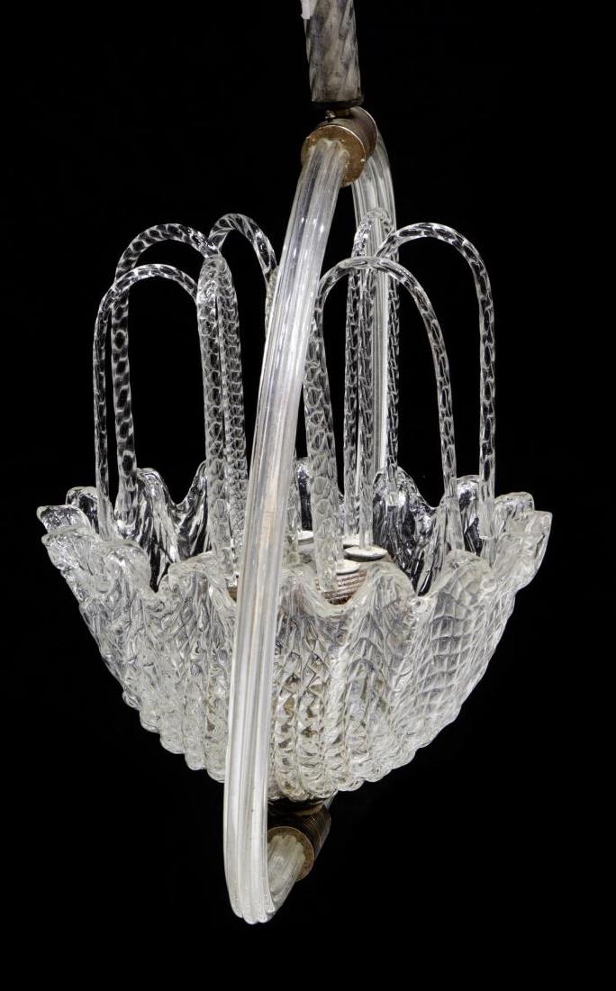 ITALIAN MID-CENTURY MODERN MURANO GLASS CHANDELIER: Murano glass chandelier, Italy, c. 1960, in the style of Barovier & Toso, having glass-clad metal frame, supporting central glass basket, with two lights, surmounted by beaded scrolling arms, in need 