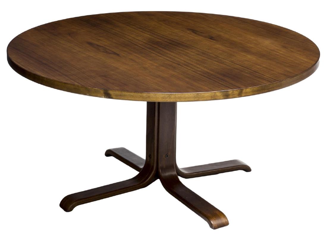 DANISH MID-CENTURY MODERN CIRCULAR COFFEE TABLE: Danish mid-century modern coffee table, 1960's, having a circular top on a quadripartite bentwood base, 21.75"h, 43.5" diameter Start Price: $80.00