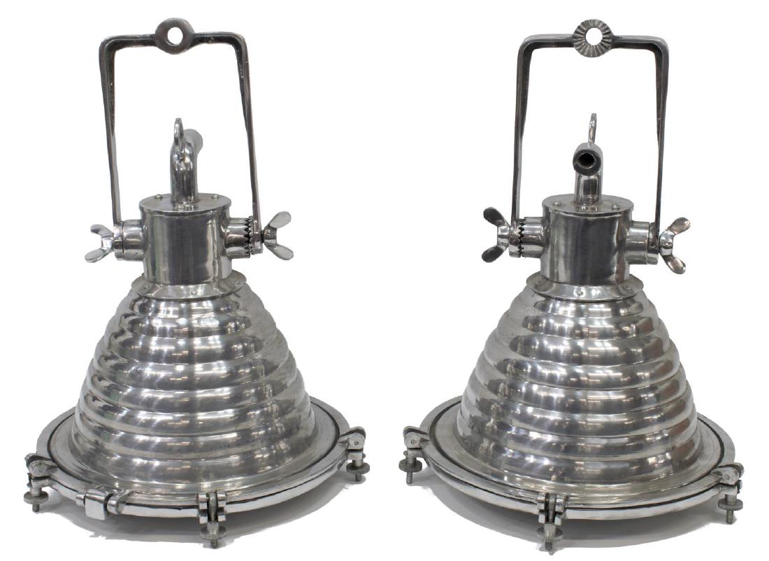 (2) GERMAN WISKA VINTAGE STYLE SHIP'S PENDANT LAMP: (lot of 2) German Wiska industrial vintage style ship's pendant lights, modern, each of hive form, with glass cover, single socket, in need of wiring, some surface wear, approx 17"h, 11.75"w, 11lbs
