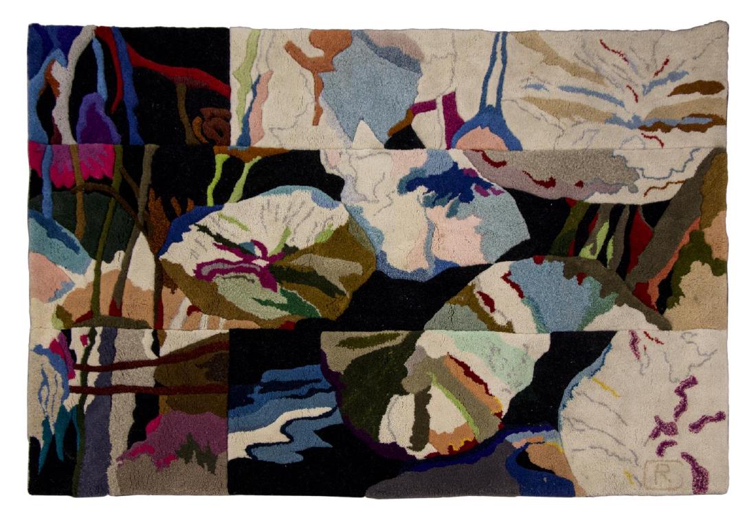 ROBERT CRANFORD (1933-2013) HAND-TUFTED TAPESTRY: Hand-tufted wool wall-hanging tapestry, c. 1980, Fragmented Lilly Pond, initialed lower right R.C. (Robert Lynn Cranford, American, 1933-2013), approx 59"l, 81.5"w