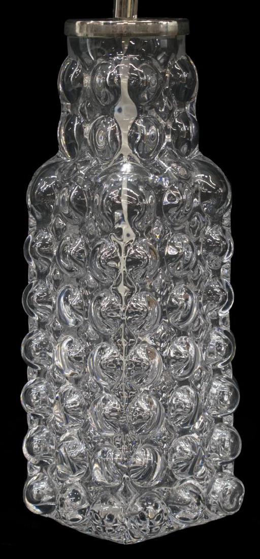 CARL FAGERLUND FOR ORREFORS MID-CENTURY TABLE LAMP: Mid-century modern bubbled glass table lamps, c. 1960's, design by Carl Fagerlund (marked on tag) for Orrefors, marked Orrefors on chrome collar and underfoot, overall: 17.5"h, 7lbs