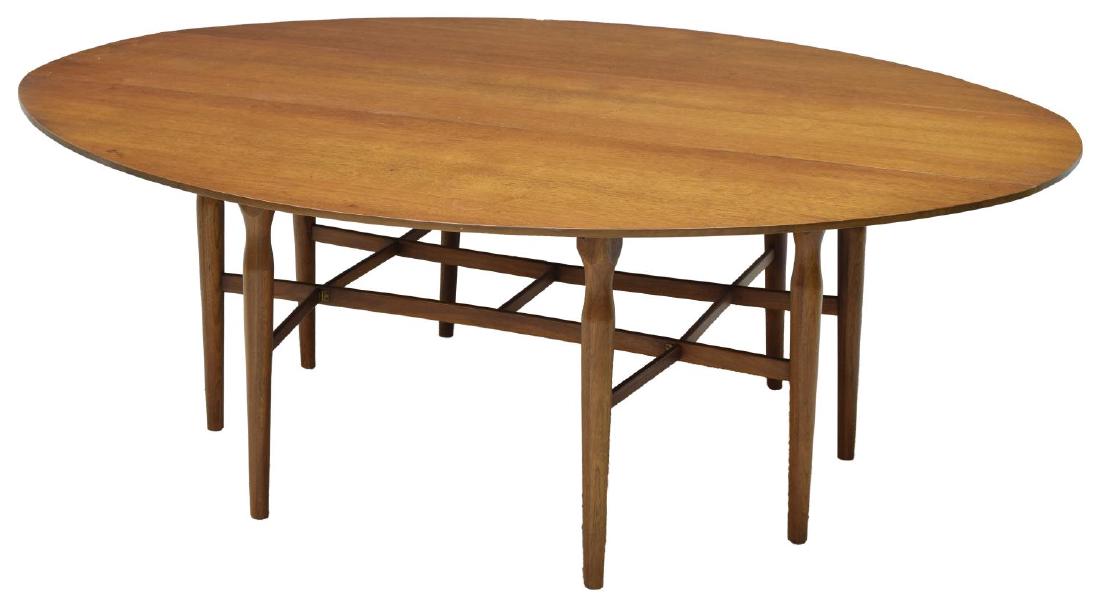 LARGE HENREDON MID-CENTURY MODERN DROP LEAF TABLE: Henredon mid century modern drop leaf gate leg table, #5016, the table with leaves raised opens to 62.5"w, rising on turned legs, 26"h, 19.5"w, 72"d Start Price: $200.00