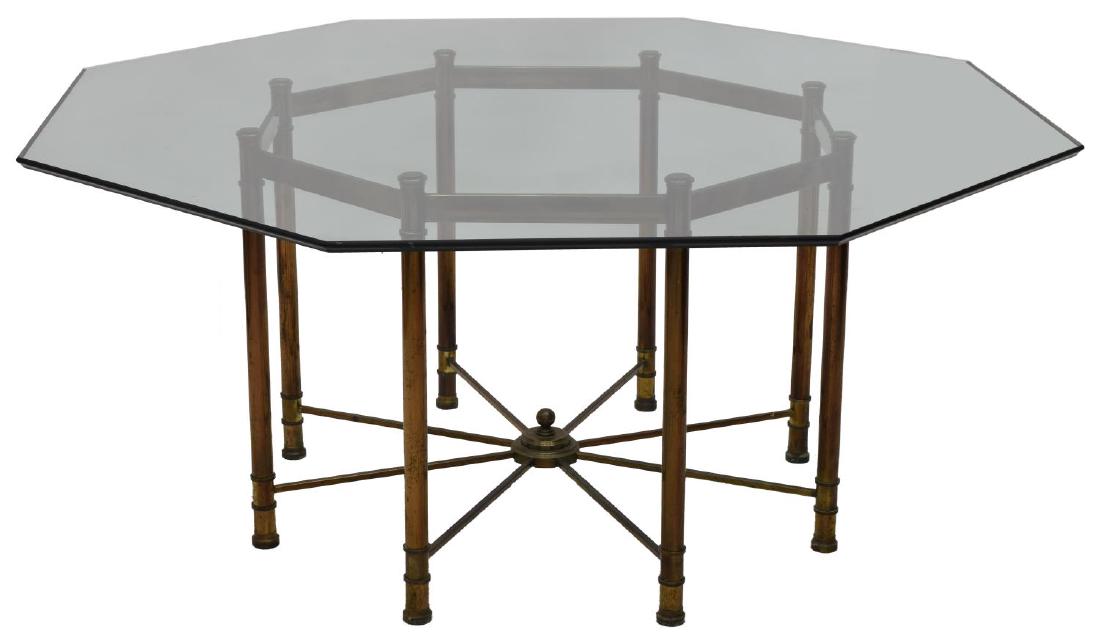 LARGE MASTERCRAFT GLASS & STEEL DINING TABLE: Large Mastercraft dining table, an octagonal glass top on a smaller conforming patinated steel base with tubular legs joined by spoke like stretcher, 30"h 72"h, 72"w, Start Price: $200.00