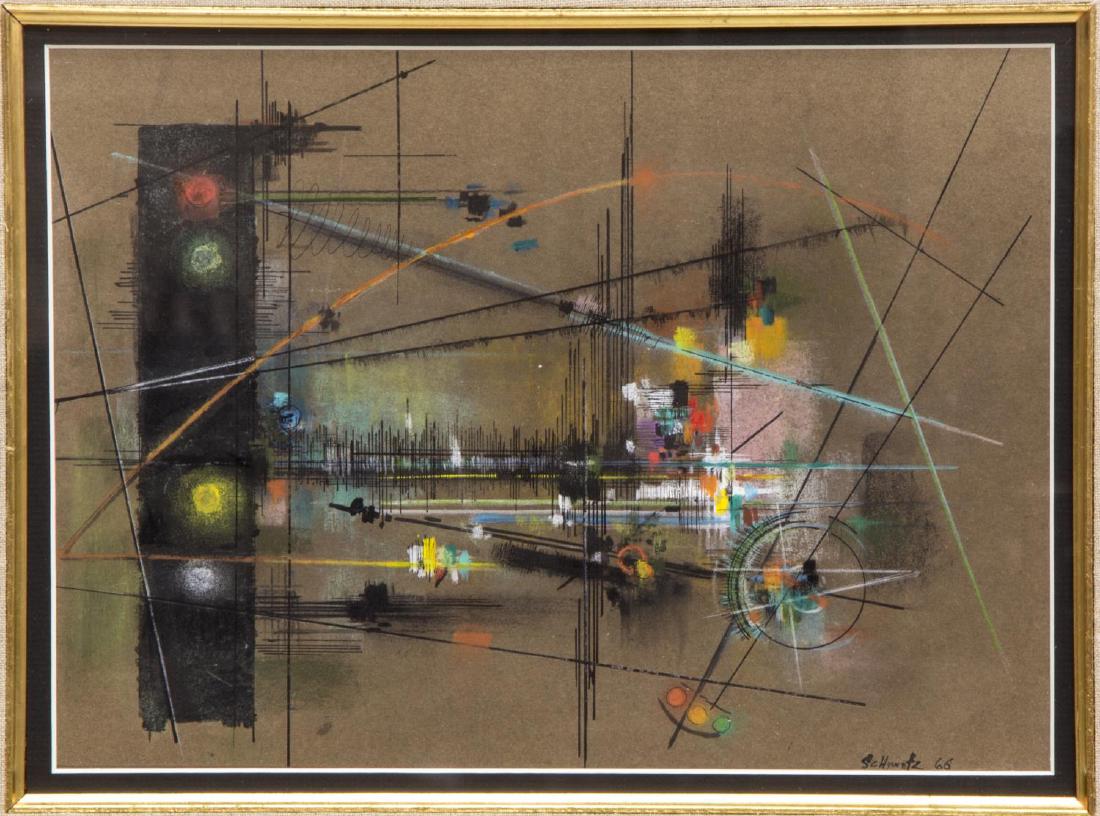 FRAMED MID-CENTURY MODERN ABSTRACT SIGNED PAINTING: Framed mid-century modern abstract painting,1966, signed lower right "Schiwetz" (?), sight: 8.75"h, 11.5"w, overall: 19"h, 22.25"w, 5lbs **Provenance: The living estate of Coach George Hannon (Kemp, T