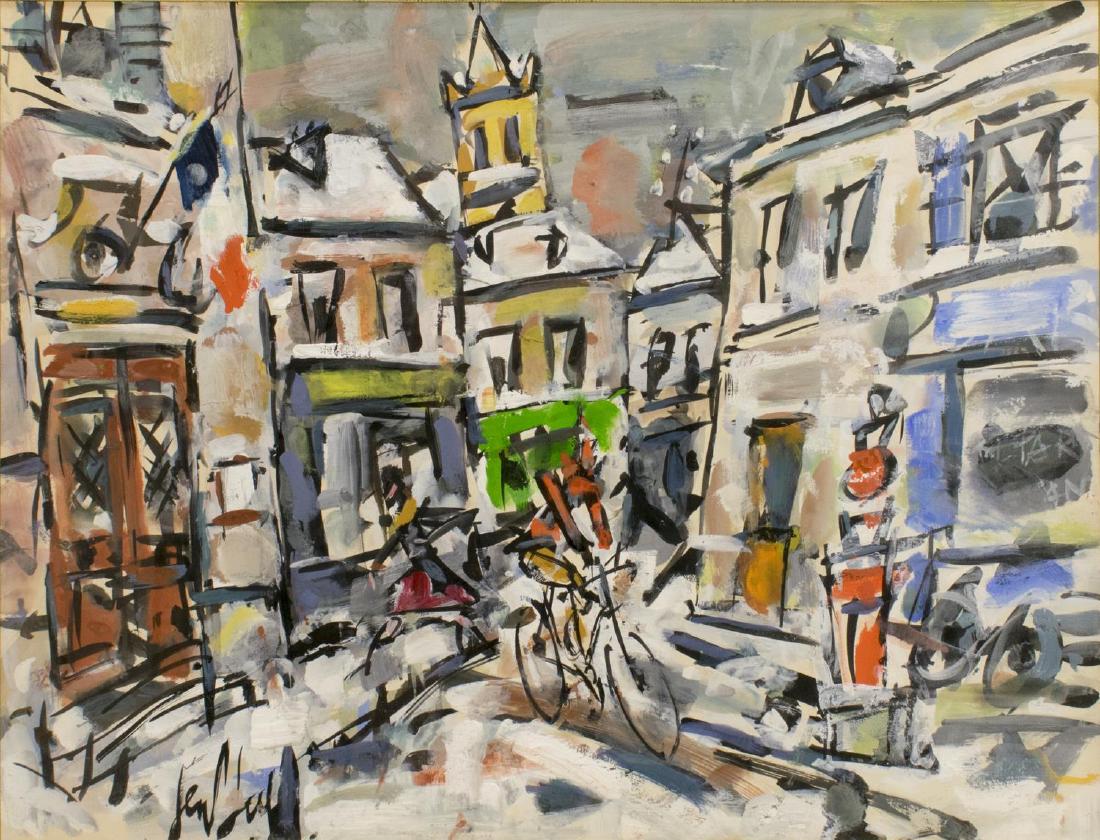 FRAMED PAINTING ON PAPER, ABSTRACT VILLAGE BICYCLE: Framed painting on paper, Abstract Village and Bicycle, signed illegibly lower left, sight: 19.25"h, 25.25"w, overall: 28"h, 33.75"w, 11.5lbs **Provenance: The living estate of Coach George Hannon (Ke