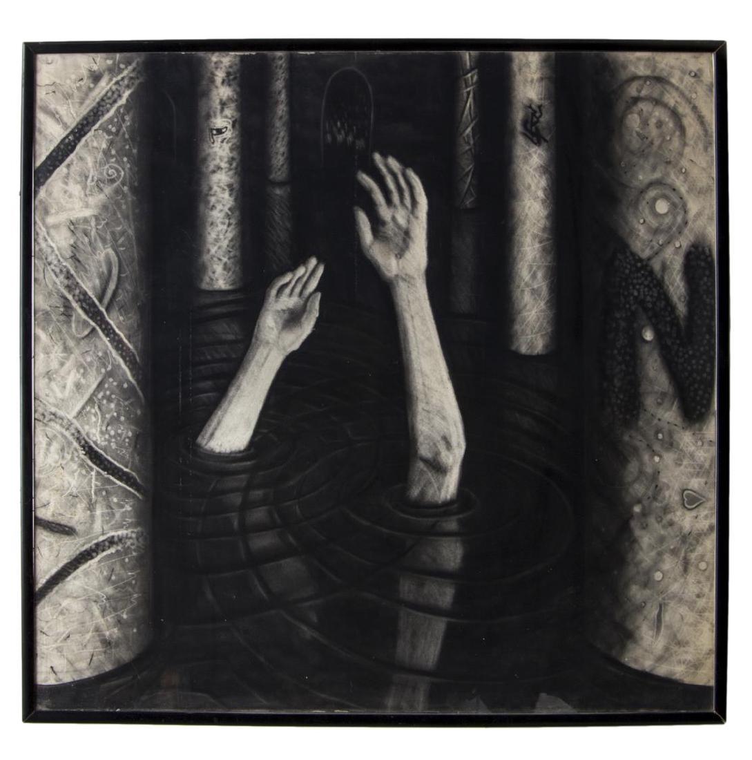 CAROL NEWSOME ATTR CHARCOAL /PAPER, EPIC VALENTINE: Framed charcoal on paper, "Scenes from the Epic Valentine", unsigned, attributed to Carol Newsom (American, 20th c.), artist name and title verso, paper with waving to edges, 1" tear to one corner, wo