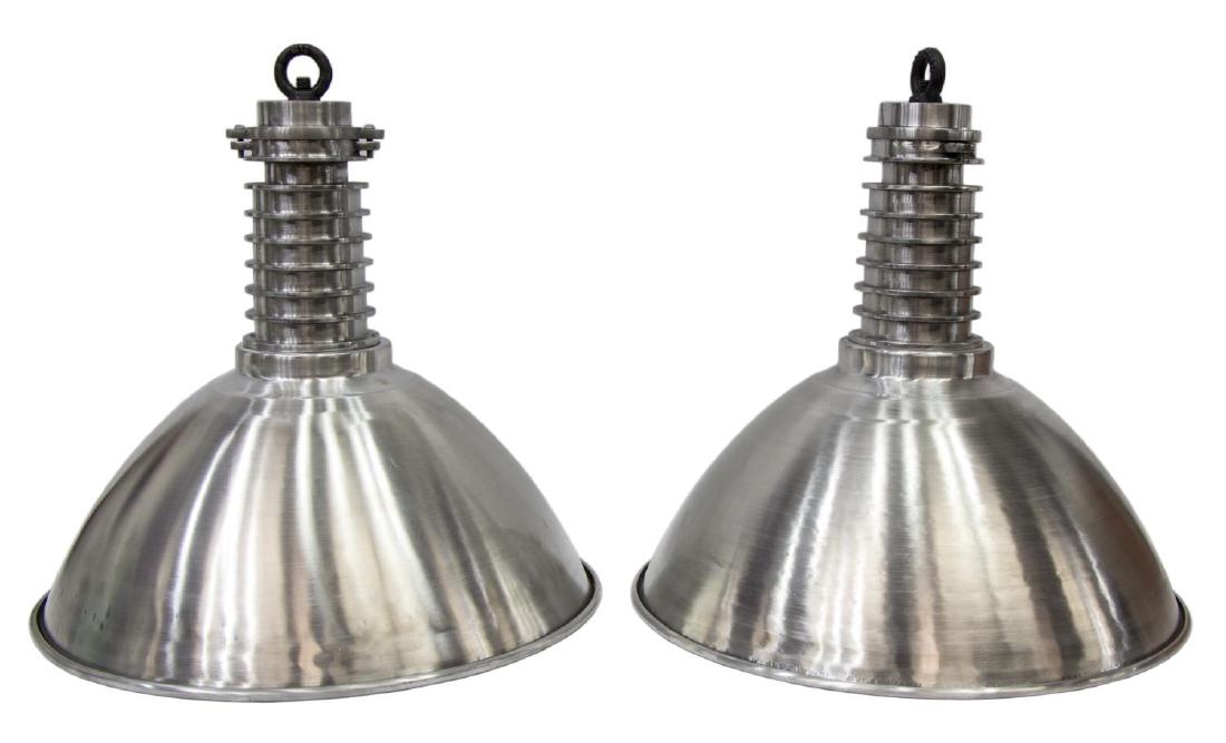 (2) LARGE INDUSTRIAL STYLE ALUMINUM HANGING LIGHTS: (pair) Large Industrial style domed pendant lights having ringed stem, hook top, a few small dents, lacking light socket, in need of wiring, approx 19.75"h, 8lbs