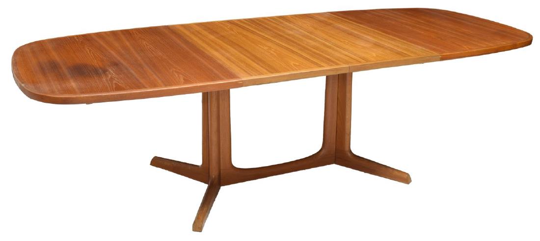 DANISH MID-CENTURY TEAKWOOD DINING TABLE W/ LEAVES: Danish mid-century modern teakwood dining table, c. 1960, having oval tabletop, over trestle base, with two leaves, table without leaves: 28.5"h, 63.75"w, 41.5"d, table with both leaves: 28.5"h, 101.7