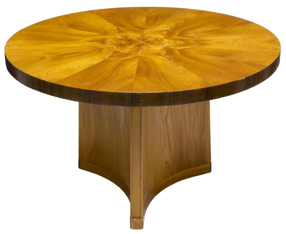 SWEDISH ART DECO ELM & MAHOGANY CENTER TABLE: Swedish Art Deco elm and mahogany veneer center table, wedge form veneer on the circular top, on a stylized base, approx 23"h, 37.5"diam