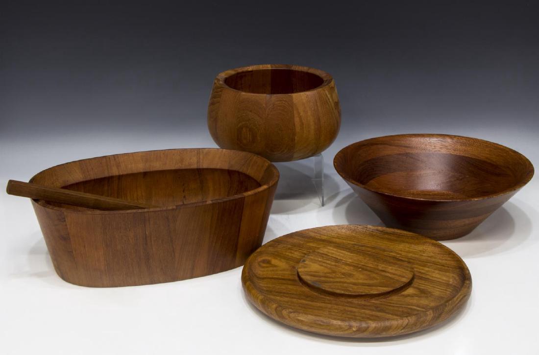 (5) MID-CENTURY DANSK TEAKWOOD TABLE ITEMS & DECOR: (lot of 5) Mid-century teakwood serviceware: (3) Danish teakwood table items, design by Jens Harald Quistgaard (1919-2008) for Dansk, including (one) oval bowl, 4.75"h, 13.5"l, 9.5"w, (one) bowl, 4.75