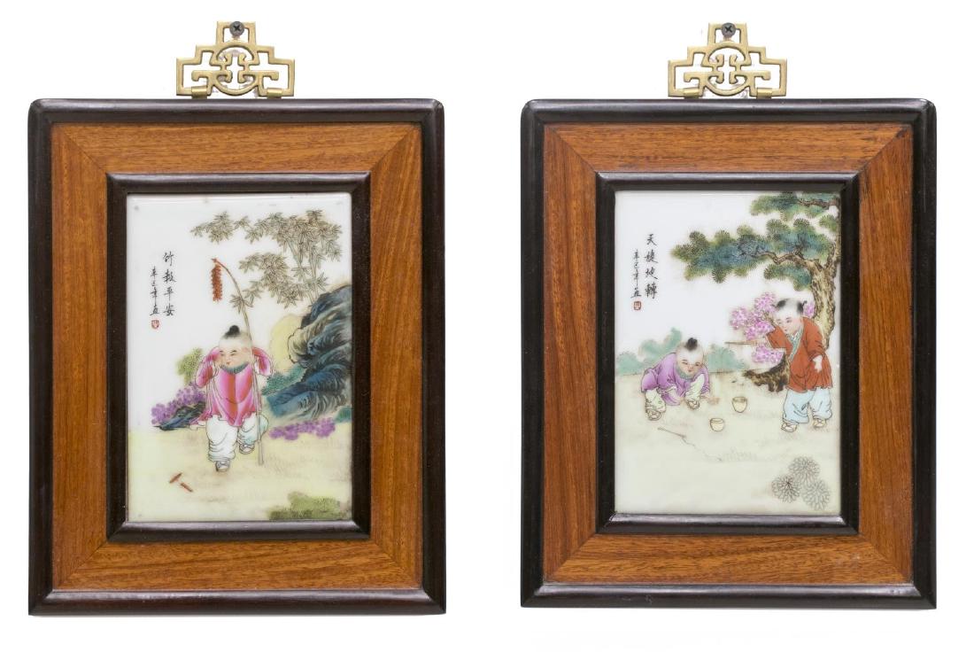 (2) FRAMED CHINESE ENAMEL ON PORECELAIN PLAQUES: (pair) Framed Chinese raised enamel on porcelain plaques, depicting children playing, sight: 6.9"h, 4.6"w, overall: 10.5"h, 8.75"w (each); 5lbs total **Provenance: The living estate of Coach George Ha