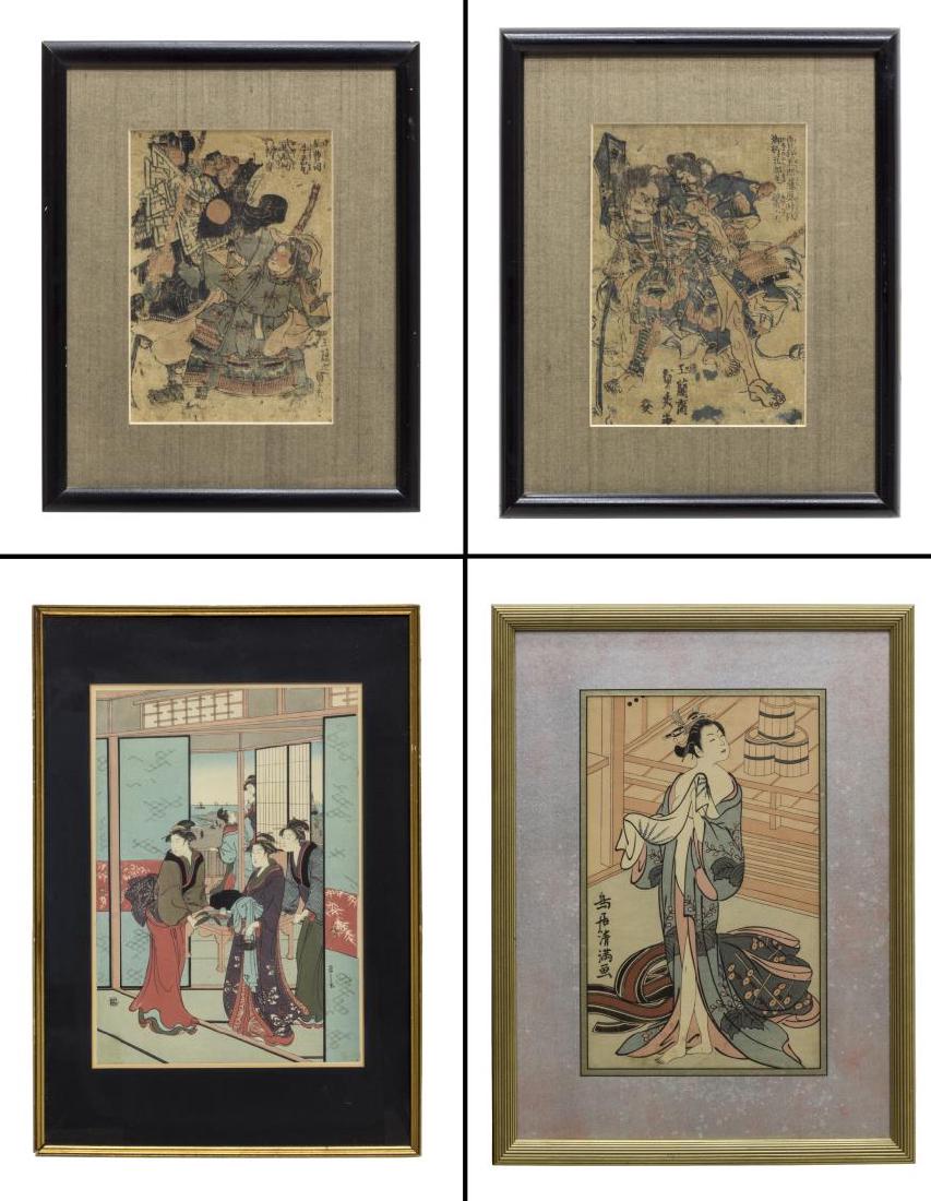 (4) FRAMED JAPANESE UKIYO-E WOODBLOCK PRINTS: (lot of 4) Framed Ukiyo-e woodblock prints, including: (1) "After the Bath," Torii Kiyomitsu (Japan, 1735-1785), re-carved edition, sight: 14.5"h, 9"w, overall: 22"h, 16.75"w; (1) print depicting cour