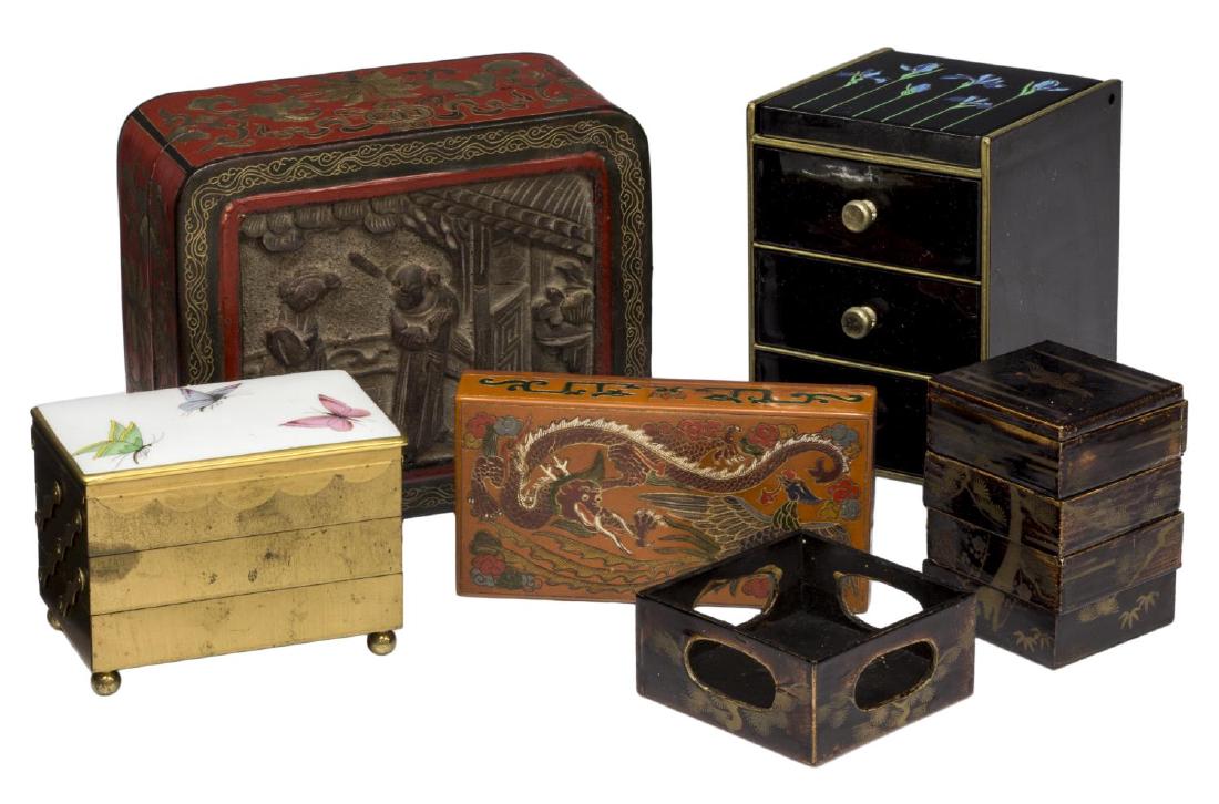 5) ASIAN TABLE BOXES, BLUE IRIS, LACQUER, STACKED: (lot of 5) Asian table boxes, including: (1) Otagiri Blue Iris jewelry box with mirror, having three drawers, 5"h, 3.75"w, 3.75"d; (1) brass three-tier accordion box, porcelain plaque top with polychr