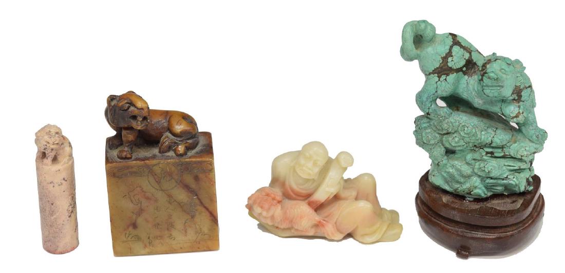 (4) CHINESE CARVED TURQUOISE & STONE FIGURES: (lot of 4) Chinese carved stone objects: (1) turquoise figure of beast with curled tail, on wood base, figure: 3.25"h, overall: 4"h; (1) soapstone foo lion and figure in a reclined position, 2"h, 3"l;
