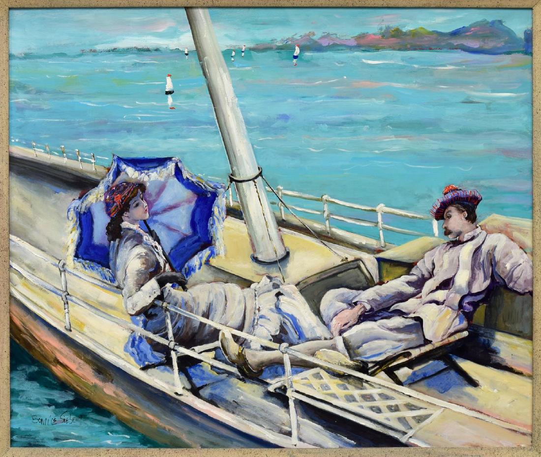 BONNIE SIEBERT (TEXAS) PAINTING, COUPLE BOAT SCENE: Framed painting on board, Courting Boat Scene, signed lower left Bonnie Siebert (Texas, 20th c.), sight: 19.25"h, 23.25"w, overall: 28"h, 31.5"w, 13.25lbs **Provenance: The living estate of Coach Geor