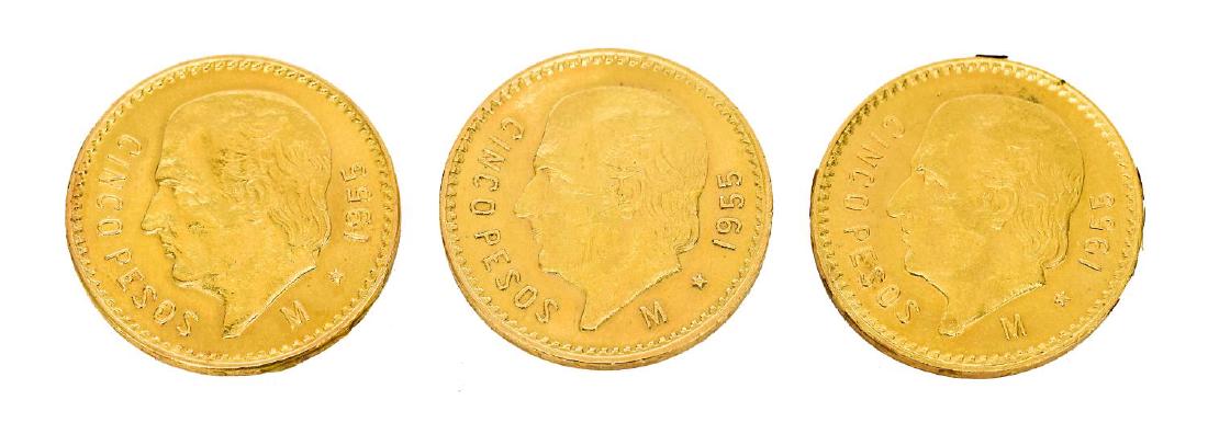 (3) MEXICO 5 PESO GOLD COINS, 1955: (lot of 3) Mexico Cinco Pesos gold coins, all dated 1955 *Note: IMPORTANT NOTICE: Due to the widespread criminal activity related to the online purchasing of and fraudulent payment for bullion, precio