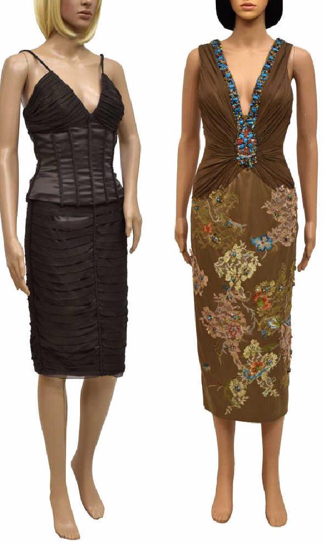 (3) MANDALAY EMBELLISHED EVENING WEAR: (lot of 3) Mandalay evening wear, both per interior label: size 4, including: (1) dress, 95% polyester, 5% spandex, with adjustable straps, embellished neckline, kick pleat and concealed zip closure a