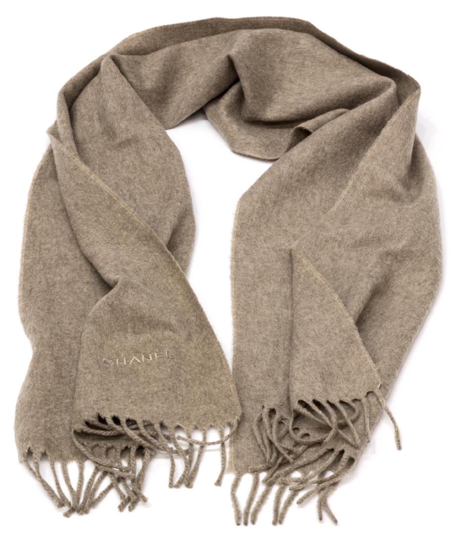 CHANEL TAUPE CASHMERE FRINGED SCARF (1 of 3)