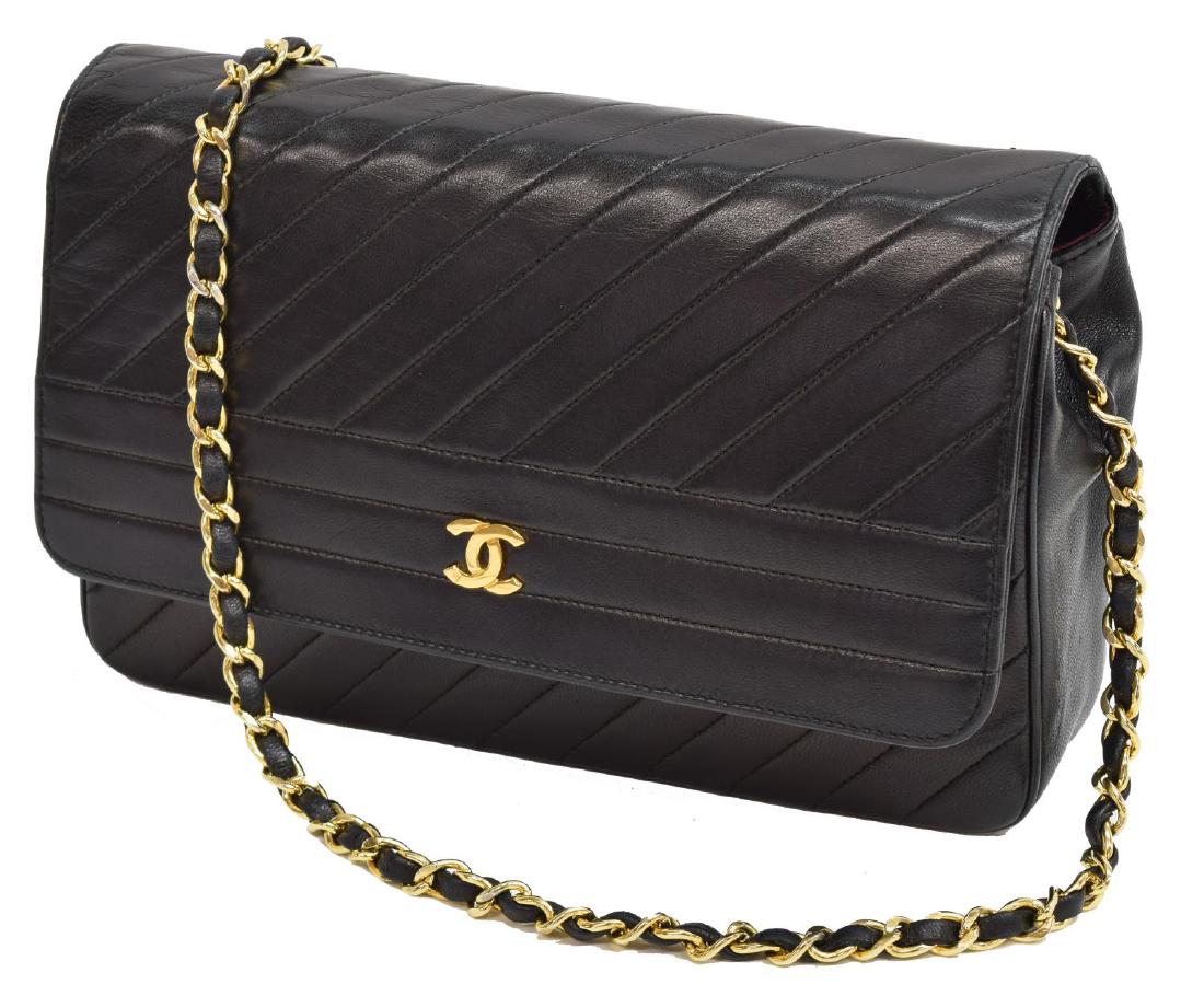 CHANEL BLACK DIAGONAL QUILTED LEATHER FLAP BAG (1 of 4)