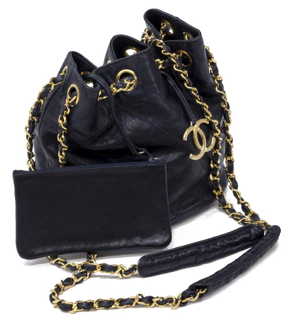 CHANEL QUILTED NAVY LEATHER DRAWSTRING BUCKET BAG