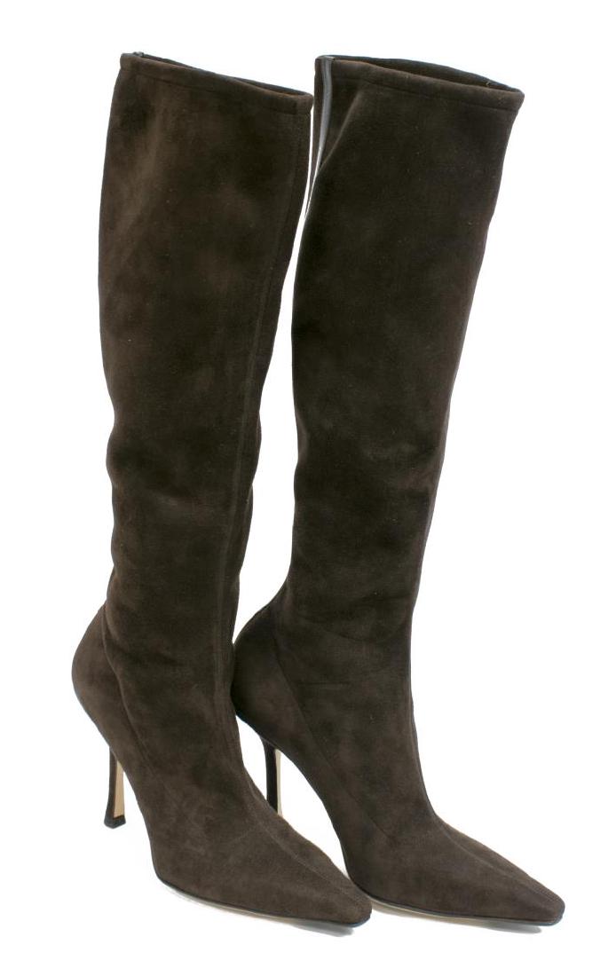 JIMMY CHOO 'HOLLY' BROWN STRETCH SUEDE BOOTS, BOX (1 of 3)