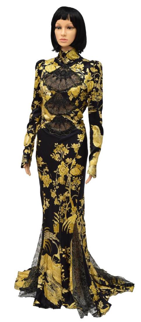 ROBERTO CAVALLI BLACK & GOLD SATIN BROCADE GOWN (1 of 10)