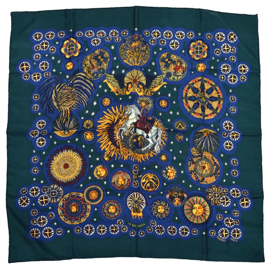 HERMES 'LE ROY SOLEIL' SILK TWILL SCARF: Hermes silk twill scarf, "Le Roy Soleil", original design by Annie Faivre, gold and jewel tones, care tag reattached, scarf: measurement for shipping purposes only- approx 35"l, 35"w, 0.25lbs *Provena