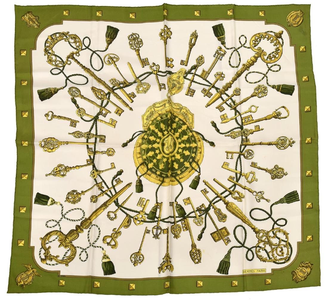 HERMES 'LES CLEFS' GREEN IVORY SILK NECK SCARF (1 of 3)