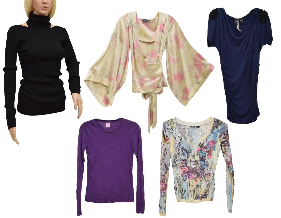 (5) DESIGNER TOPS, PAULE KA, EVERETT PARKER, ETC.: (lot of 5) Designer clothing, including: (1) Paule Ka rib knit merino wool sweater, with cut-out mock neck, and long sleeves, unworn retaining Gregory's retail tag $450.00, per interior label: size L;