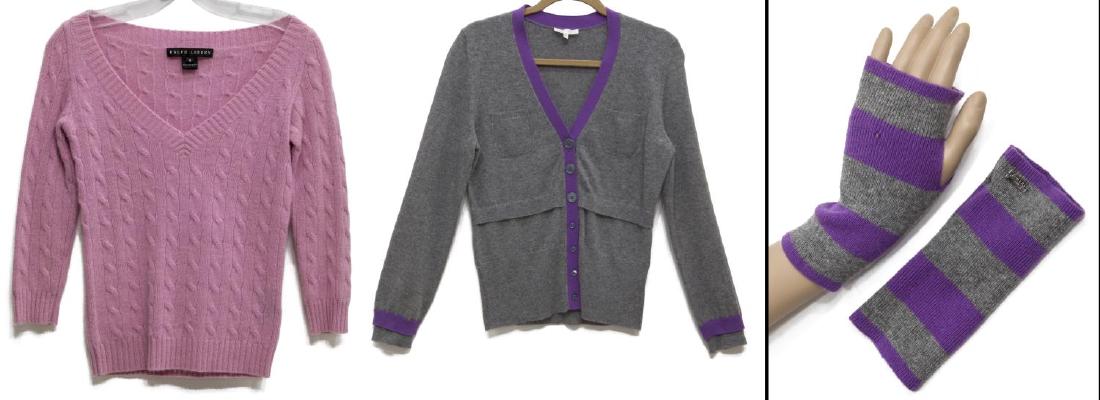 (3) CASHMERE KNITWEAR, RALPH LAUREN BLACK LABEL: (lot of 3) Designer knitwear, including: (1) Ralph Lauren black label cable knit sweater, 95% cashmere, pink with gold metallic threads, V-neck, long sleeves, rib knit trim, per interior label: size S