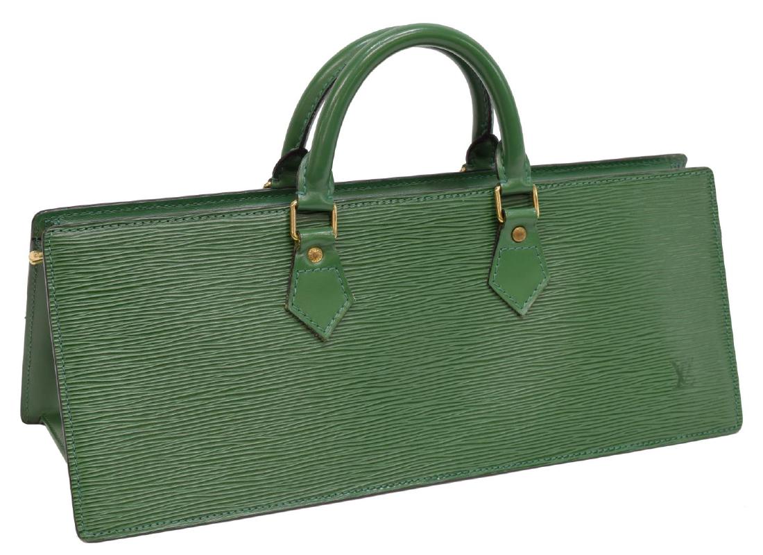 LOUIS VUITTON 'SAC TRIANGLE' GREEN EPI LEATHER BAG: Louis Vuitton 'Sac Triangle' handbag, in green Epi leather, zipper top opens to black interior with long slot pocket, slight creasing, wear at handle, interior with loss of finish to slot pocket, bag: