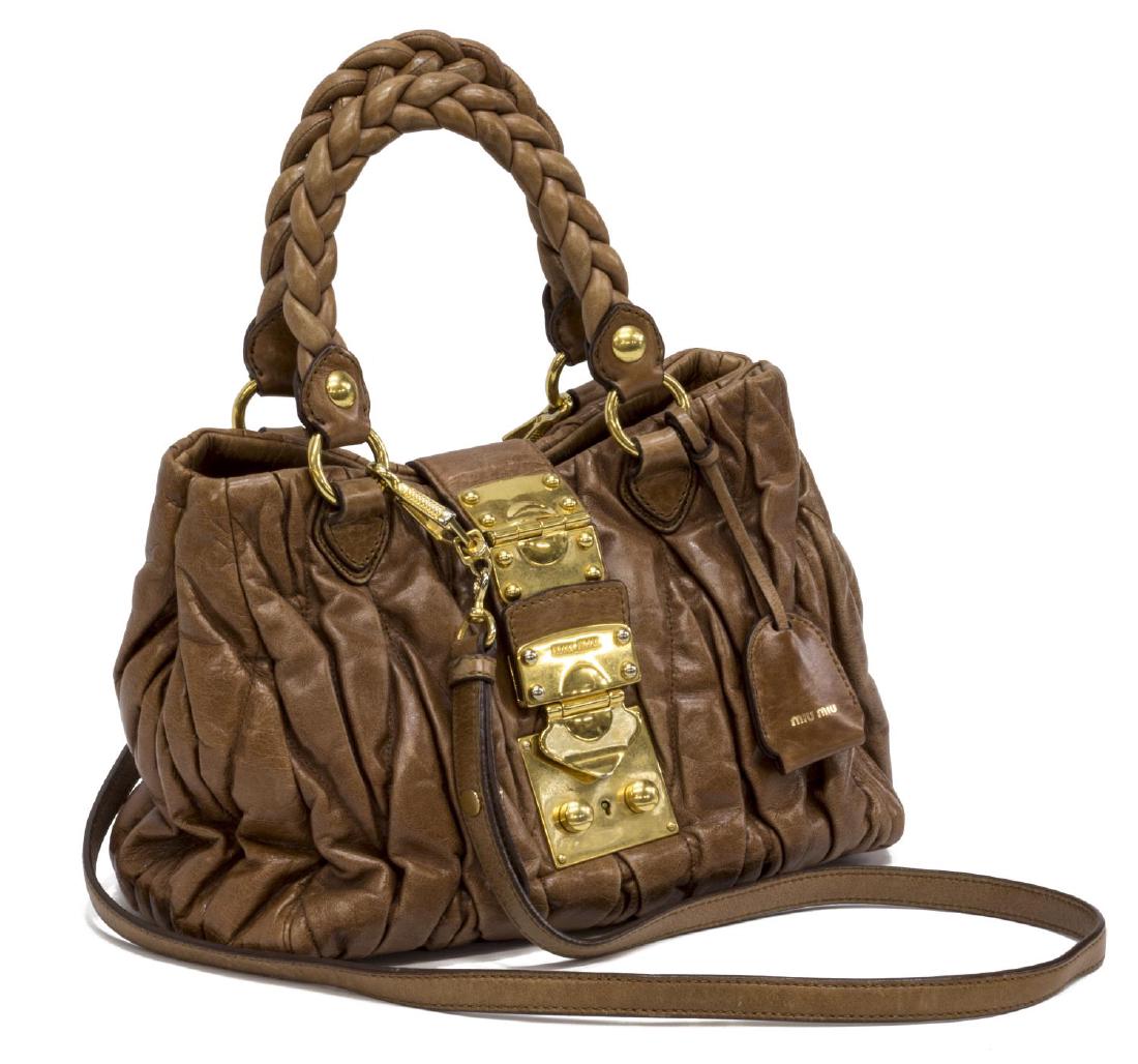 MIU MIU MATELASSE BROWN PLEATED LEATHER SATCHEL: Miu Miu Matelasse pleated satchel, brown leather, gold tone hardware, removable flat top leather shoulder strap, dual braided leather handles, jointed s-lock closure, interior dark brown fabric lining