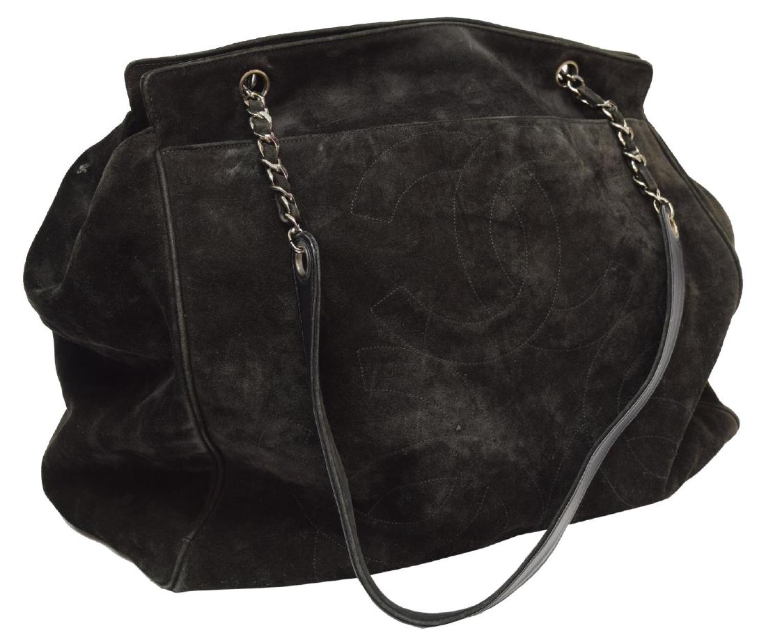LARGE CHANEL BLACK SUEDE TASSEL CC TOTE BAG: Chanel large tassel tote bag, in black suede, with gun metal-tone hardware including tassel with quilted ball bead, dual classic chain leather shoulder straps, black leather trim, dual exterior pocket