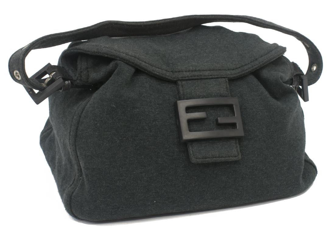 FENDI CHARCOAL JERSEY FLAP SHOULDER BAG: Fendi flap bag, in charcoal jersey fabric, with matte black and silver-tone hardware, single flat adjustable shoulder strap, single zip pocket at interior wall, weighted flap closure, retains dust bag