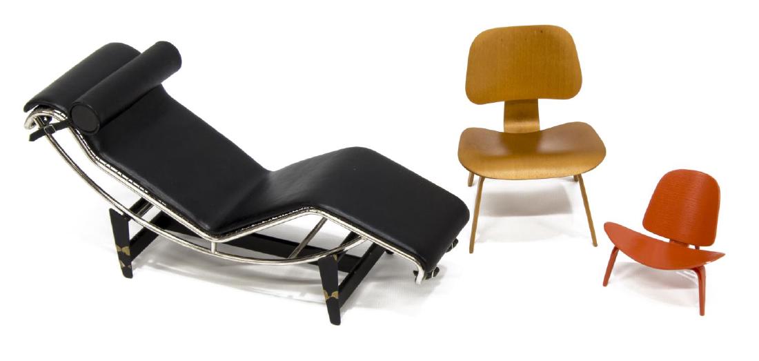(3) VITRA DESIGN MUSEUM MINIATURE CHAIRS, LC4: (lot of 3) Vitra Miniatures Collection chair group: (1) LCW chair, designed by Charles and Ray Eames, retaining tag and original box, a few small marks to chair back, approx 4 3/8"h, 3 5/8"w, 3.75"d; 