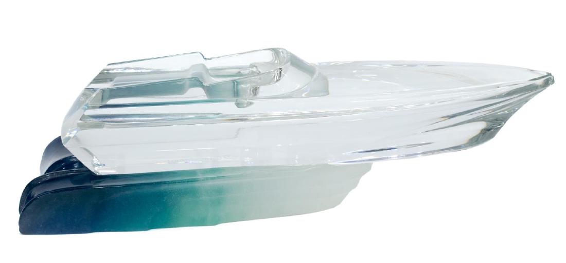 DAUM FRANCE ART GLASS MONACO POWER BOAT ON WAVE: (2 pieces) Daum art glass "Monaco" power boat on wave, a colorless speed boat resting atop a multi-colored pate de verre ocean wave, both signed Daum France, boat with small rough spot at tip, some su