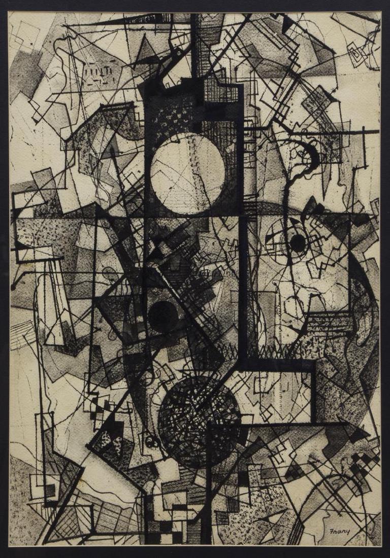 MICHAEL FRARY (1918-2005) WATERCOLOR & INK DRAWING: Framed abstract drawing watercolor and ink on paper, Lines and Circles, signed lower right Frary (California, Texas, 1918-2005), sight: 25"h, 19.25"w, overall: 30.25"h, 24.25"w, 10.25lbs Start Price:
