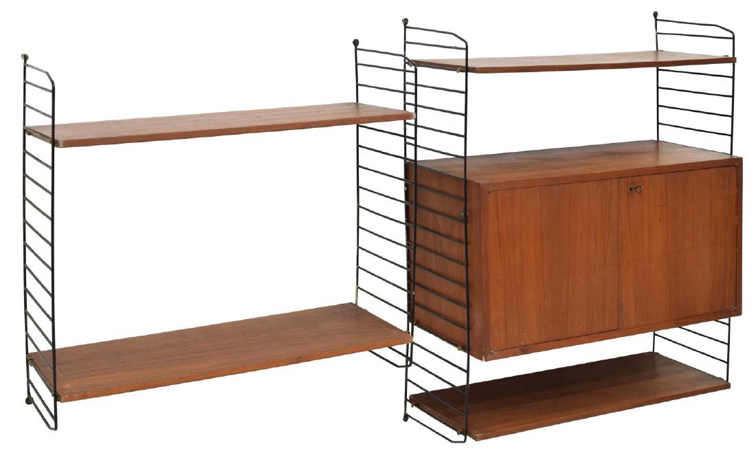 (2) ITALIAN MID-CENTURY MODERN MODULAR WALL UNIT: (in 2 pieces) Mid-century modern modular wall unit, Italy, c. 1960, can be arranged to preference, including: (1) double-door cabinet, with two open shelves, suspended on coated steel frame, approx 38