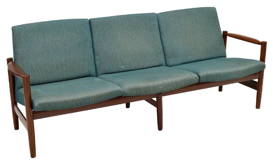 ITALIAN MID-CENTURY MODERN TEAKWOOD 3-SEAT COUCH: Mid-century modern couch, Italy, c. 1960, having teakwood frame, three padded seats with teal upholstery, all rising on tapered legs, approx 29.75"h, 72"w, 25"d Start Price: $200.00