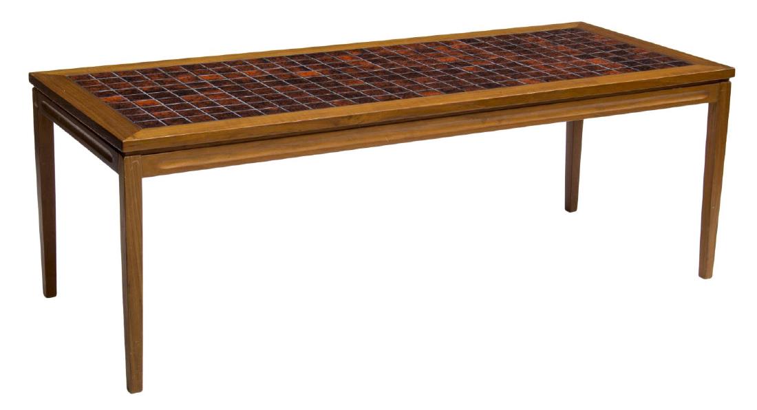 DANISH MID-CENTURY MODERN TILE & TEAK COFFEE TABLE: Danish modern tiled and teakwood coffee table, c. 1950's, the teakwood frame inlaid with square red mottled tiles, some veneer loss to legs, 20.5"h, 59"w, 24"l Start Price: $80.00