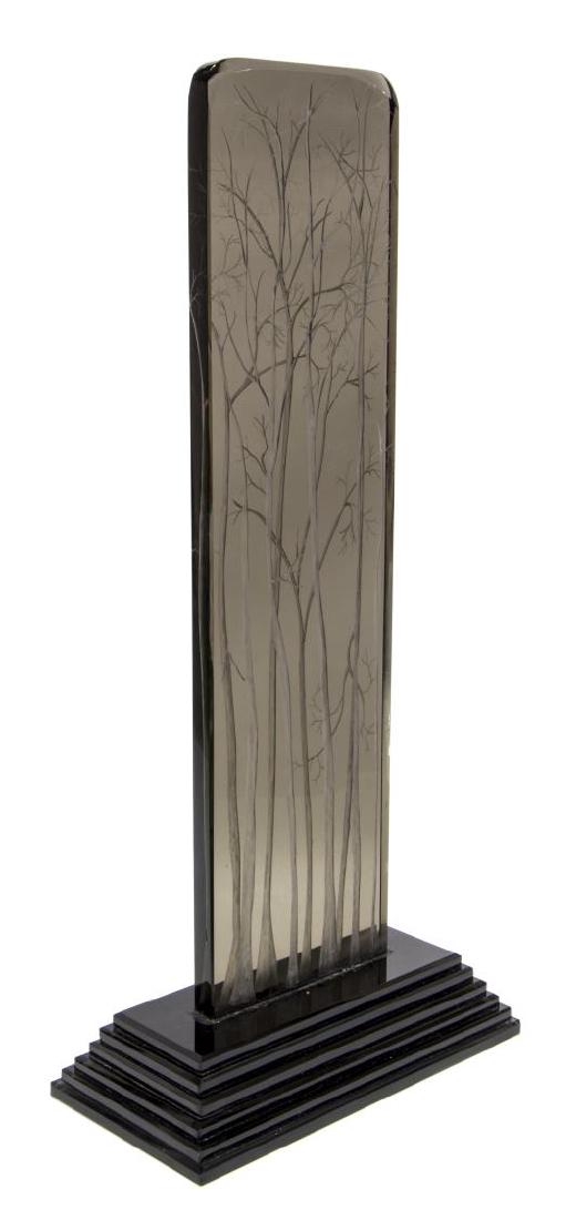 MINOR VINCK (1916-2016) ART GLASS SCULPTURE: Art glass sculpture, 1992, Winter Trees, signed Minor Vinck (Texas, Louisiana, 1916-2016), copper wheel engraved smoke glass obelisk, on stepped plinth base, approx 25.5"h, 12"w, 6"d, 21lbs Start Pric