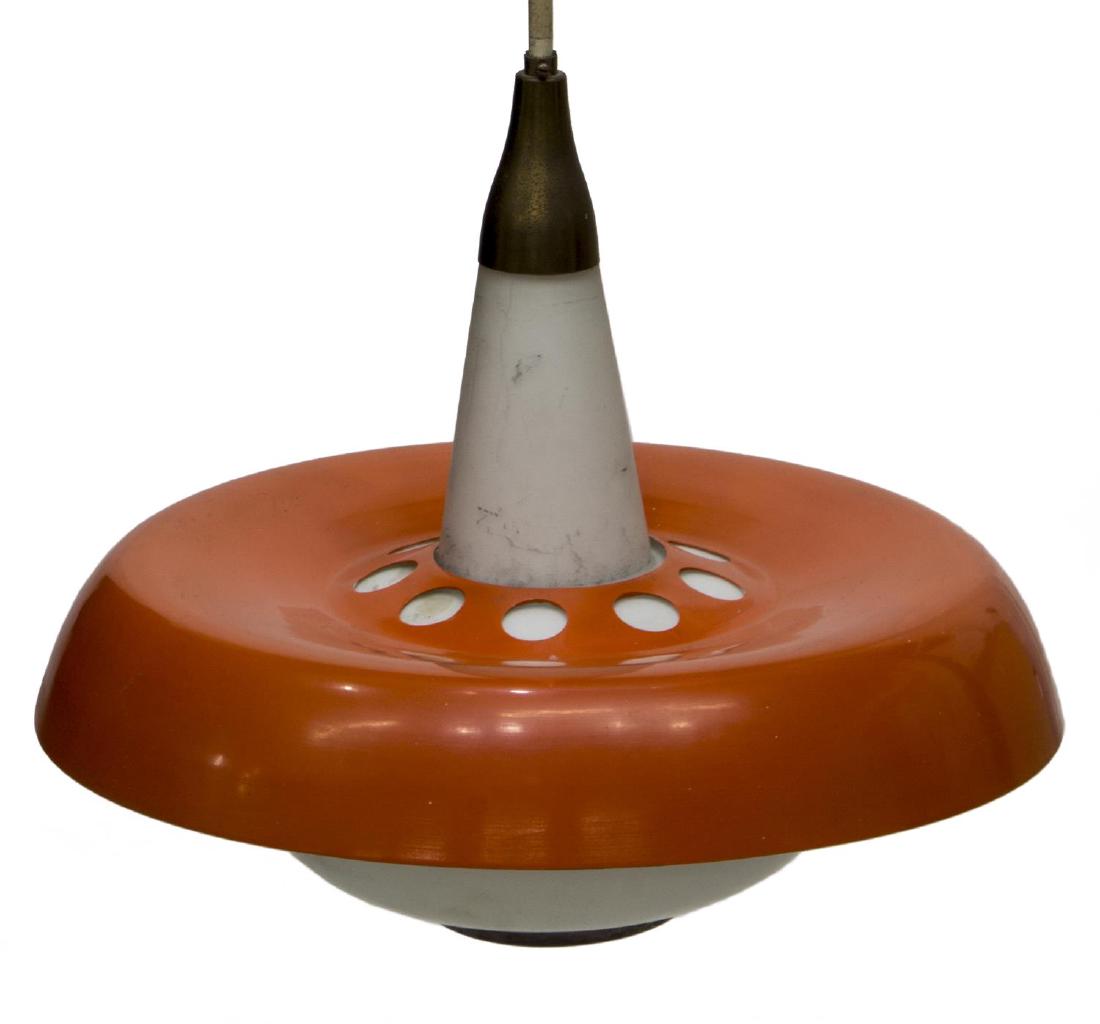 MID-CENTURY MODERN SINGLE PENDANT CEILING LIGHT: Single pendant light, c. 1970, with white glass pendant, orange enamel on metal shade, corresponding ceiling cap, in need of wiring, approx 38"h, 14"diam Start Price: $80.00